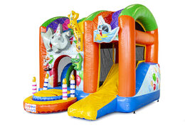 Buy large inflatable indoor multiplay bouncy castle in party theme with slide for children. Order inflatable bouncy castles online at JB Inflatables America