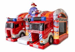 Buy a large indoor inflatable multiplay bounce house with slide in the theme of the fire brigade for children. Order bounce houses online at JB Inflatables America 