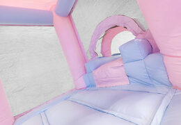 Buy bouncer with slide air cushion in pastel colors pink blue for children. Order air cushions online at JB Inflatables America