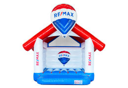 Red, white, blue A-frame bouncy castle with hot air balloon