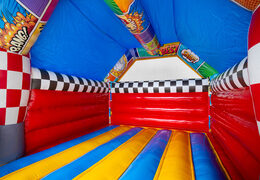 Comic style A-frame Super Comics bouncy castle, available at JB Inflatables