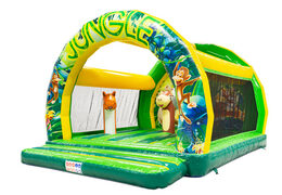 Jungle bounce house with colorful animals, available for sale.