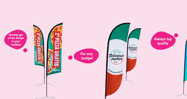 JB Promotions beach flaggen op maat gemaakt als promotie en reclame materiaal kopen