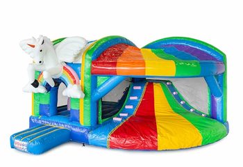 Opblaasbaar overdekt multiplay xl luchtkussen met glijbaan kopen in thema unicorn regenboog voor kinderen. Bestel opblaasbare luchtkussens online bij JB Inflatables Nederland