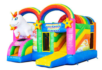 Opblaasbaar Multiplay luchtkussen met glijbaan kopen in thema Unicorn voor kinderen. Bestel opblaasbare luchtkussens online bij JB Inflatables Nederland