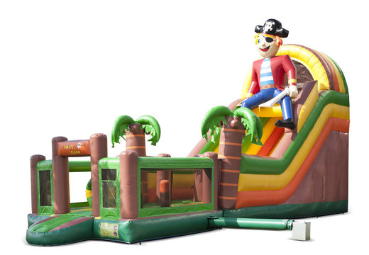 Order an inflatable multifunctional slide in the pirate theme with a splash pool, impressive 3D object, fresh colors and the 3D obstacles for children. Buy inflatable slides now online at JB Inflatables America