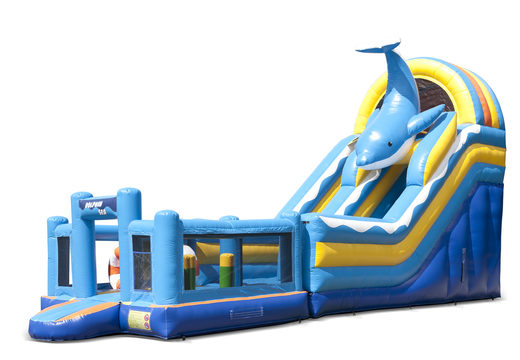 Order an inflatable multifunctional slide in the dolphin theme with a splash pool, impressive 3D object, fresh colors and the 3D obstacles for children. Buy inflatable slides now online at JB Inflatables America