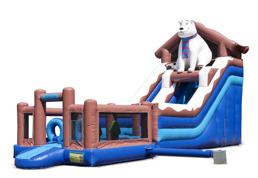 Order an inflatable multifunctional slide in a polar bear theme with a splash pool, impressive 3D object, fresh colors and the 3D obstacles for children. Buy inflatable slides now online at JB Inflatables America