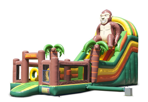 Unique gorilla-themed inflatable slide with a splash pool, impressive 3D object, fresh colors and the 3D obstacles for children. Order inflatable slides now online at JB Inflatables America