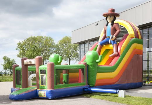 Buy a unique inflatable slide in a beach theme with a splash pool, impressive 3D object, fresh colors and the 3D obstacles for children. Order inflatable slides now online at JB Inflatables America