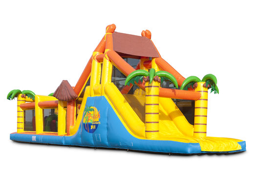 Unique beach themed obstacle course with 7 game elements and colorful objects to buy for children. Order inflatable obstacle courses now online at JB Inflatables America