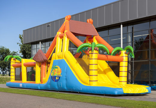 Buy a unique 17 meter wide beach themed obstacle course with 7 game elements and colorful objects for kids. Order inflatable obstacle courses now online at JB Inflatables America