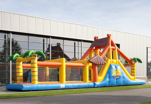 Order a 17 meter wide unique beach themed obstacle course with 7 game elements and colorful objects for children. Buy inflatable obstacle courses online now at JB Inflatables America