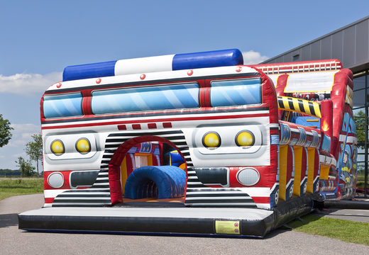 Mega inflatable slide in Fire Brigade World theme with 3D obstacles for children. Buy inflatable slides now online at JB Inflatables America