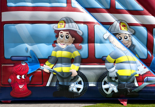 Get your extra wide Fire Brigade World slide with 3D obstacles for kids. Buy inflatable slides now online at JB Inflatables America