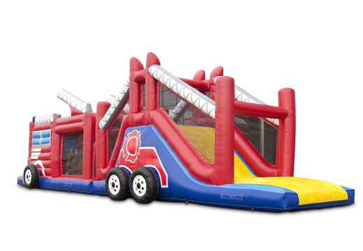 Buy a unique 17 meter wide obstacle course in the fire brigade theme with 7 game elements and colorful objects for kids. Order inflatable obstacle courses now online at JB Inflatables America