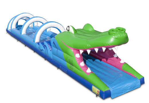 Order an inflatable 18meter belly slide in a crocodile theme for your kids online. Buy inflatable belly slides now online at JB Inflatables America