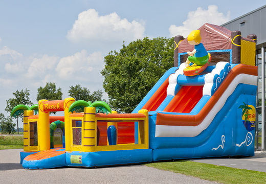 Buy a unique inflatable slide in a beach theme with a splash pool, impressive 3D object, fresh colors and the 3D obstacles for children. Order inflatable slides now online at JB Inflatables America