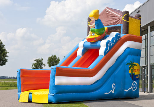 Order an inflatable multifunctional slide in a beach theme with a splash pool, impressive 3D object, fresh colors and the 3D obstacles for children. Buy inflatable slides now online at JB Inflatables America
