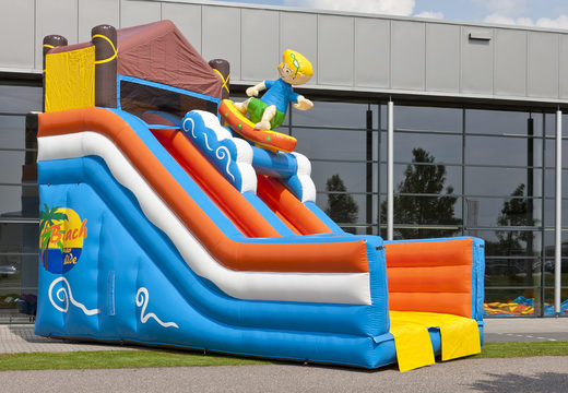 Buy a unique multifunctional beach themed inflatable slide with a splash pool, impressive 3D object, fresh colors and the 3D obstacle for children. Order inflatable slides now online at JB Inflatables America