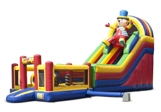 Clown themed multifunctional inflatable slide with a splash pool, impressive 3D object, fresh colors and the 3D obstacles for kids. Buy inflatable slides now online at JB Inflatables America