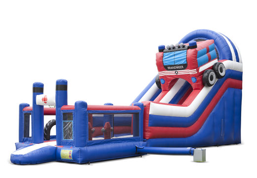 Multifunctional inflatable slide in fire department theme with a splash pool, impressive 3D object, fresh colors and the 3D obstacles for children. Buy inflatable slides now online at JB Inflatables America