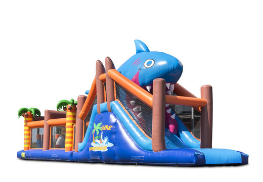 Order a 17 meter wide unique shark themed obstacle course with 7 game elements and colorful objects for children. Buy inflatable obstacle courses online now at JB Inflatables America