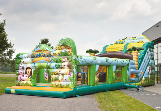 Buy an inflatable jungle world themed extra wide slide with 3D obstacles for kids. Order inflatable slides now online at JB Inflatables America