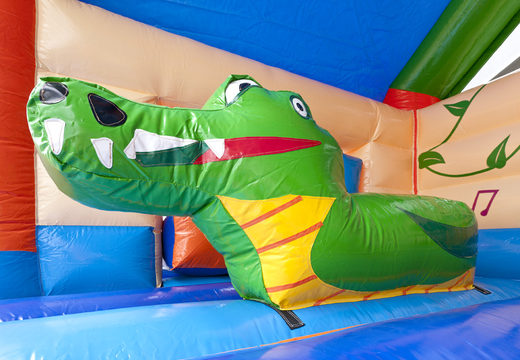 Order covered multifun bouncer with slide in crocodile theme with 3D object at the top for kids. Buy inflatable bouncers online at JB Inflatables America