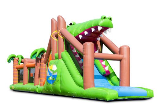 Unique crocodile-themed inflatable obstacle course with 7 game elements and colorful objects to buy for children. Order inflatable obstacle courses now online at JB Inflatables America