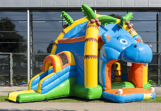 Buy covered multifun super bounce house with slide in hippo theme for children. Order inflatable bounce houses online at JB Inflatables America