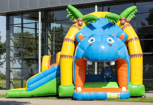 Order inflatable indoor multifun super bounce house with slide in hippo theme for children. Buy bounce houses online at JB Inflatables America