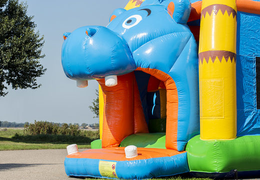 Order covered multifun super bounce house with slide in hippo theme for children. Buy bounce houses online at JB Inflatables America