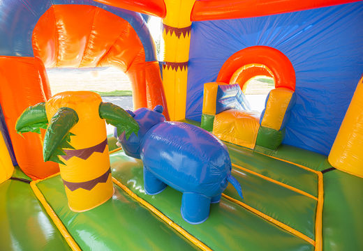 Buy an inflatable indoor multifun super bouncy castle in bright colors and fun 3D figures in a hippo theme for children. Order bouncy castle online at JB Inflatables America