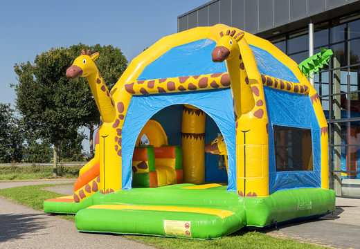 Order inflatable indoor multifun super bouncy castle with slide in giraffe theme for children. Buy bouncy castles online at JB Inflatables America