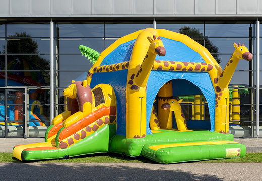 Buy covered multifun super bounce house with slide in giraffe theme for children. Order inflatable bounce houses online at JB Inflatables America