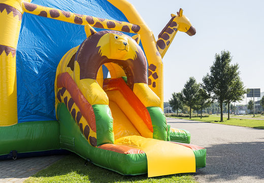 Order covered multifun super bounce house with slide in giraffe theme for children. Buy bounce houses online at JB Inflatables America