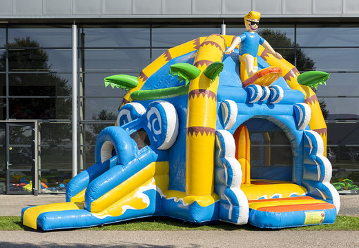 Buy covered multifun super bounce house with slide in beach theme for children. Order inflatable bounce houses online at JB Inflatables America