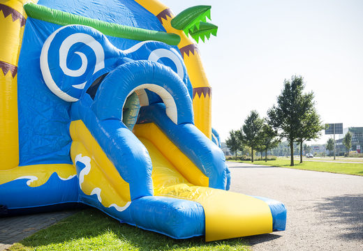 Order covered multifun super bounce house with slide in beach theme for children. Buy bounce houses online at JB Inflatables America