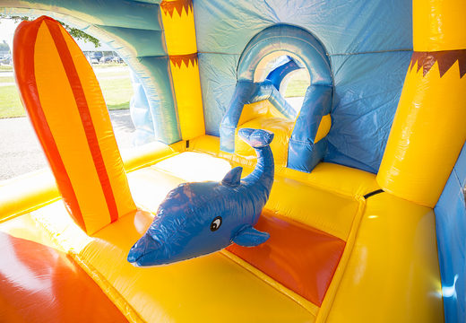 Buy an inflatable indoor multifun super bouncer in bright colors and fun 3D figures in a beach theme for children. Order bouncers online at JB Inflatables America