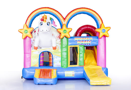 Multiplay Unicorn bouncy castle with a slide, fun objects on the jumping surface and eye-catching 3D objects to buy for children. Order inflatable bouncy castles online at JB Inflatables America