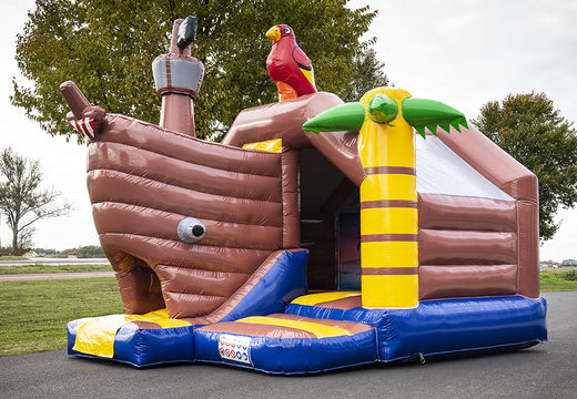 Inflatable slide combo bounce house in pirate theme to buy at JB Inflatables America. Buy inflatable bounce houses with slide for kids