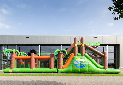 Order a 17 meter wide unique crocodile themed obstacle course with 7 game elements and colorful objects for children. Buy inflatable obstacle courses online now at JB Inflatables America