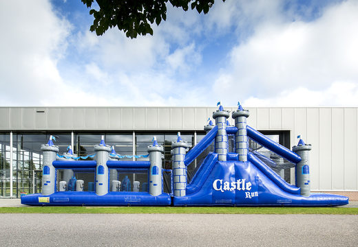 Buy a 17-meter-wide obstacle course in a castle theme with 7 game elements and colorful objects for kids. Order inflatable obstacle courses now online at JB Inflatables America