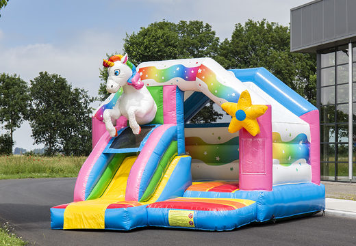 Inflatable slide combo unicorn-themed bounce house for sale at JB Inflatables America. Buy inflatable bounce houses for kids now