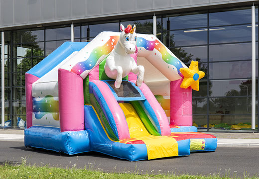 Buy inflatable slide combo unicorn-themed bounce house for children. Inflatable bounce houses with slide for sale at JB Inflatables America