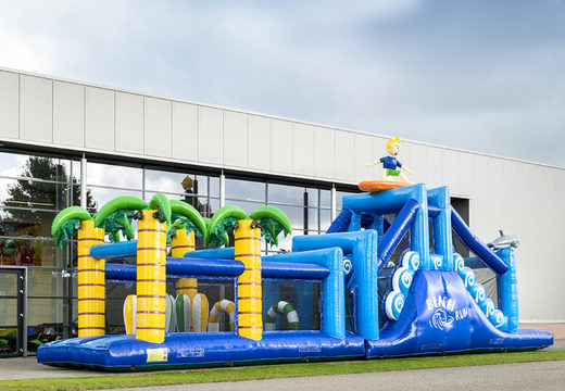 Surf run 17m obstacle course with 7 game elements and colorful objects for kids. Buy inflatable obstacle courses online now at JB Inflatables America