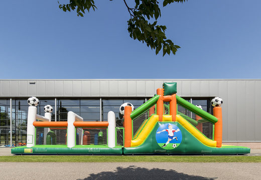 Buy inflatable unique 17 meter wide obstacle course in football theme with 7 game elements and colorful objects for children. Order inflatable obstacle courses now online at JB Inflatables America