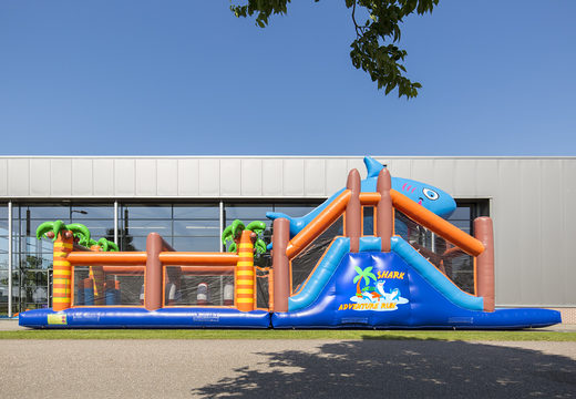 Unique shark themed obstacle course with 7 game elements and colorful objects to buy for kids. Order inflatable obstacle courses now online at JB Inflatables America