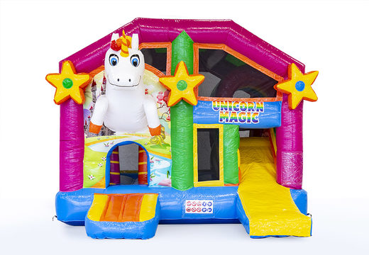 Medium inflatable multiplay bounce house in unicorn theme for children. Order inflatable bounce houses online at JB Inflatables America